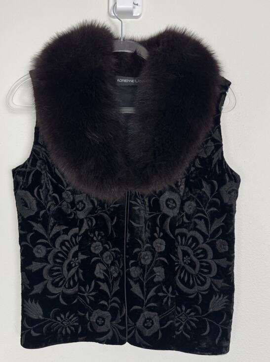Adrienne Landau Jackets & Blazers - Vintage Adrienne Landau Silk Velvet Vest Fox Fur Collar Embroidered Black USA S
